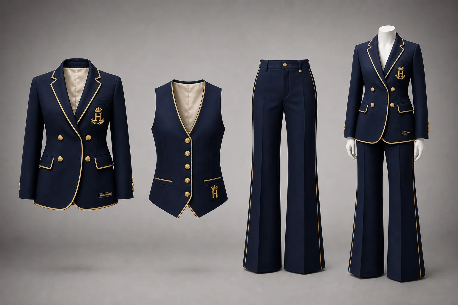 Ladies navy gold suit pieces and mannequin set