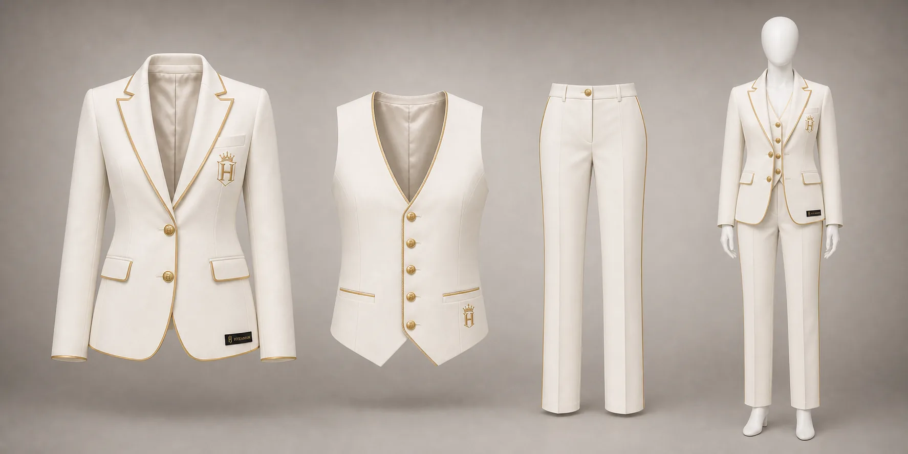 Ladies ivory gold suit pieces and mannequin set