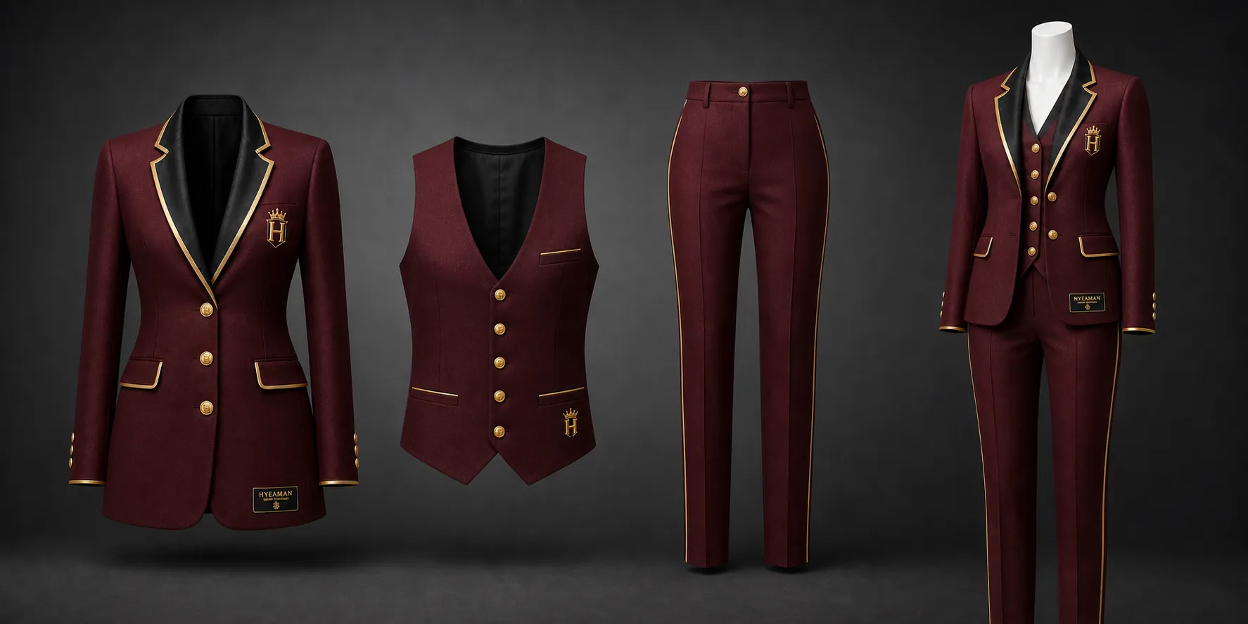 Ladies burgundy elite suit pieces and mannequin set