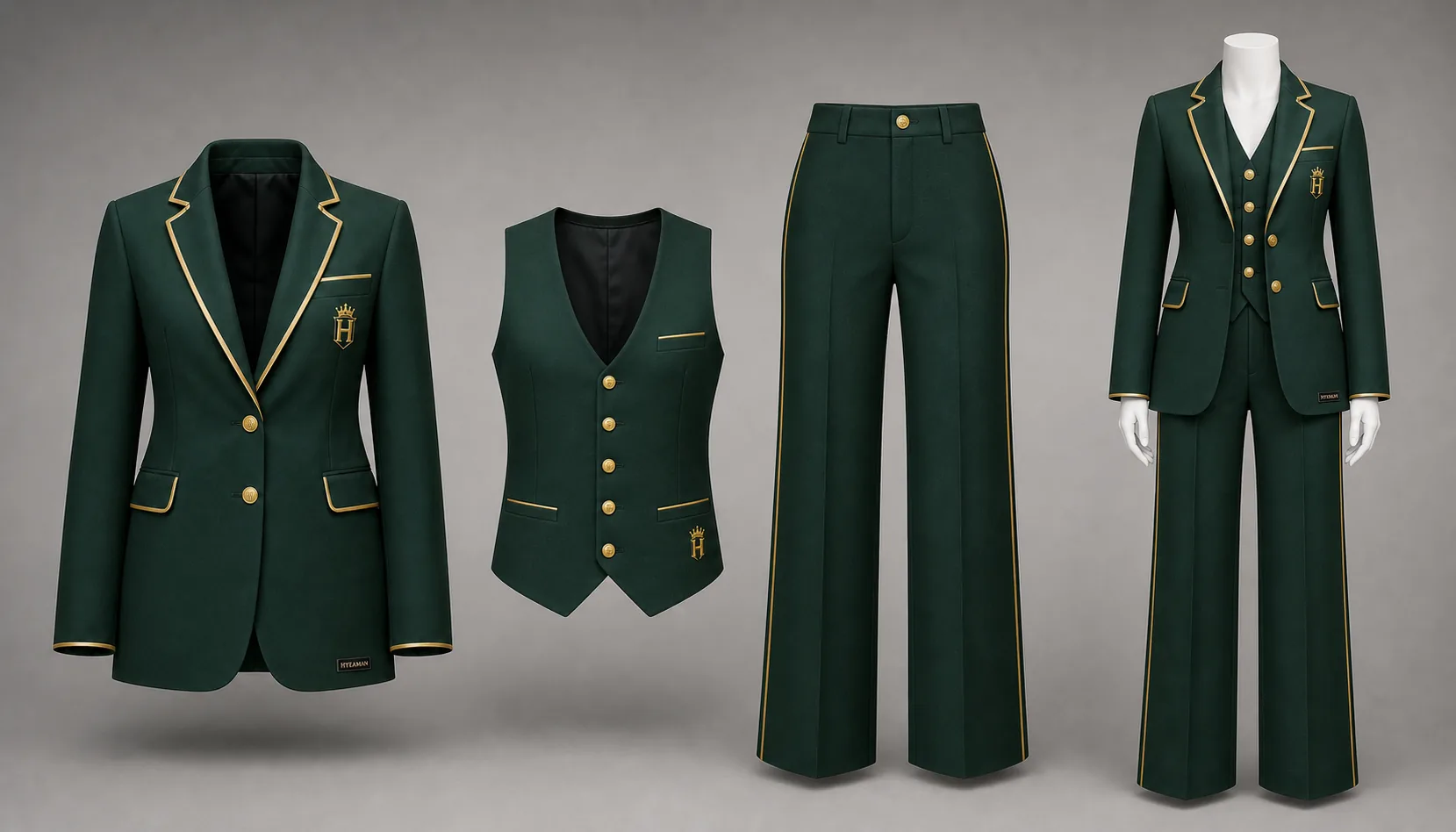 Ladies forest green suit pieces and mannequin set