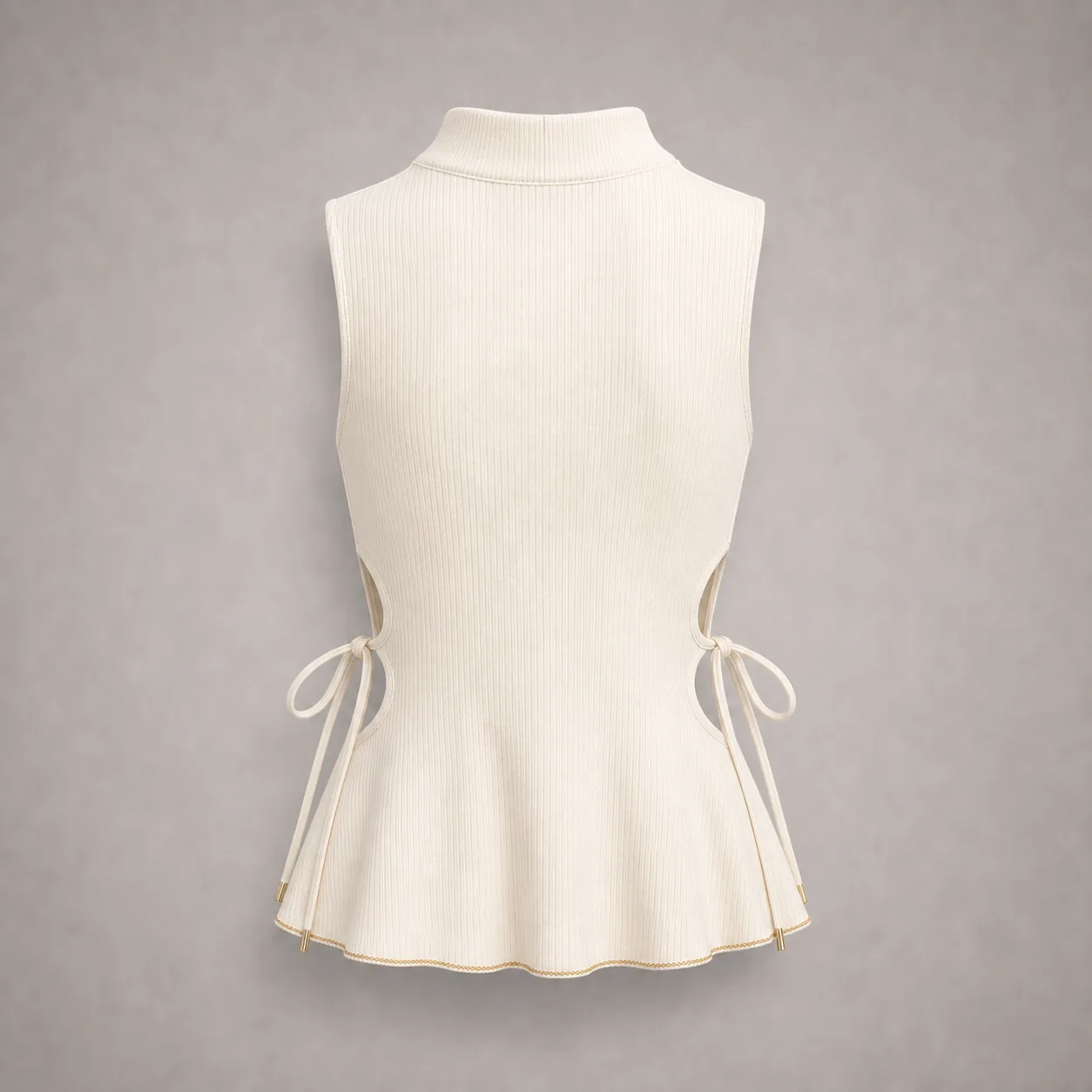 Ladies ivory rib peplum top back view