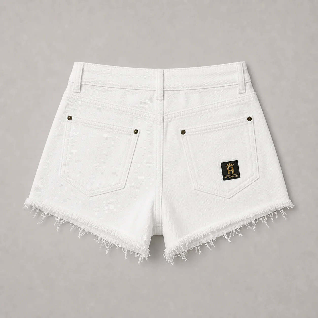 Ladies white frayed denim shorts back view