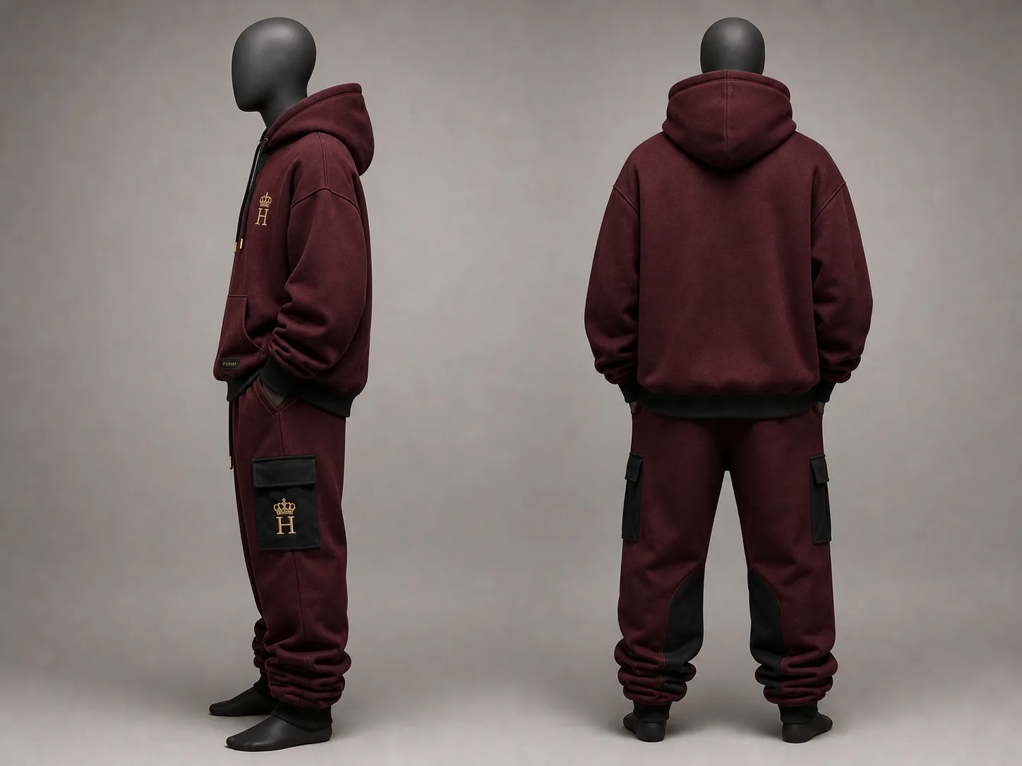 Street Burgundy Cargo Tracksuit side and back views