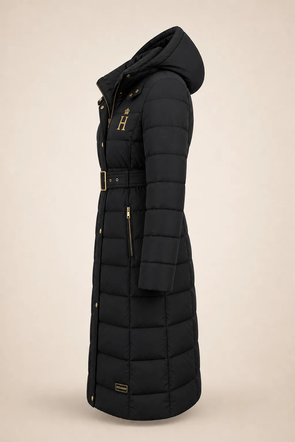 Ladies Noir Belted Winter Coat side view