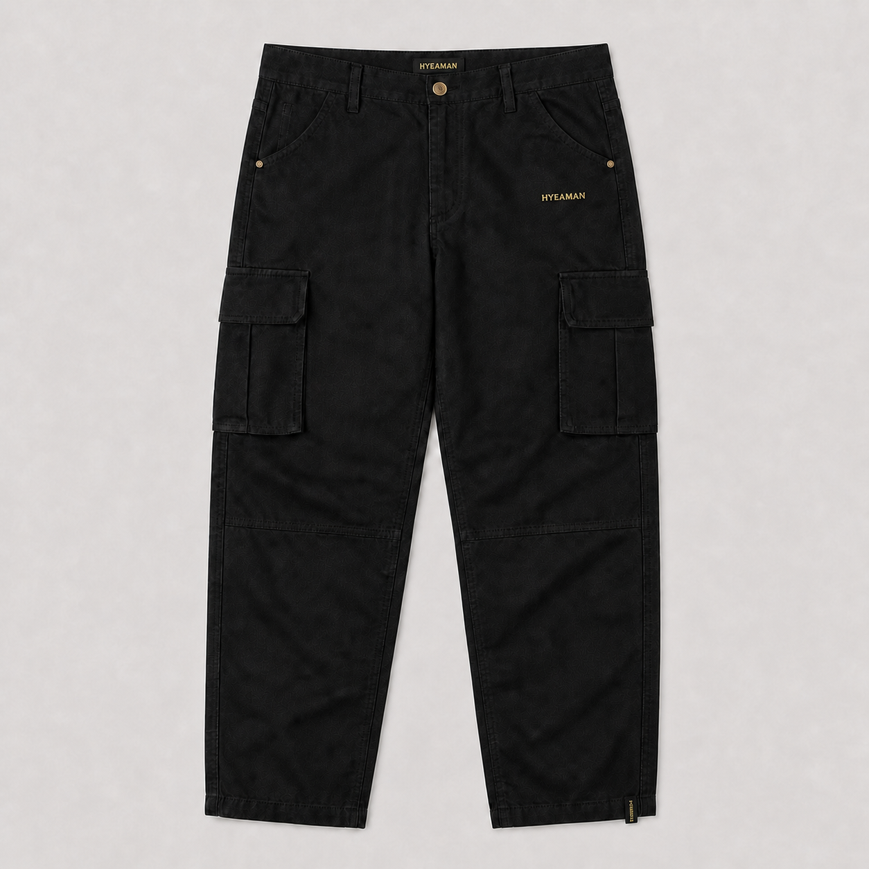 Black Cargo Pants Gold Wordmark Single
