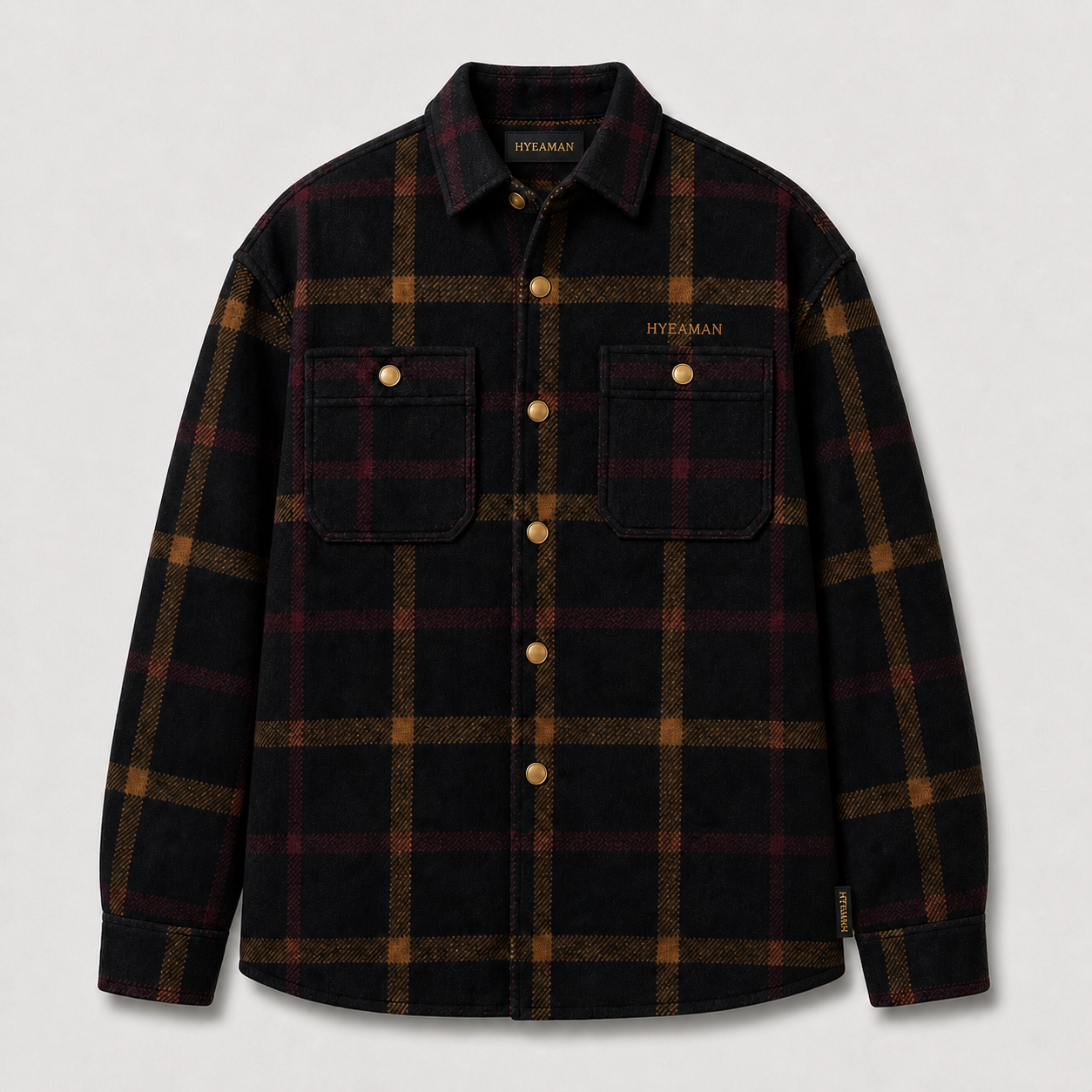 Black Burgundy Plaid Shacket Bronze Gold Wordmark Single