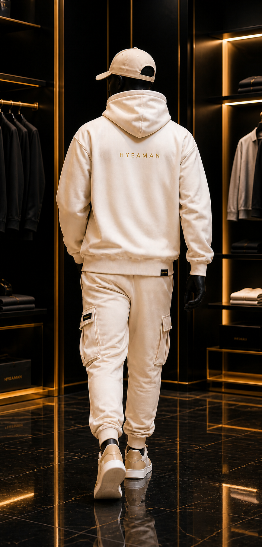 Collection 24 02 Ivory Tracksuit Back View Mannequin Wordmark Concept