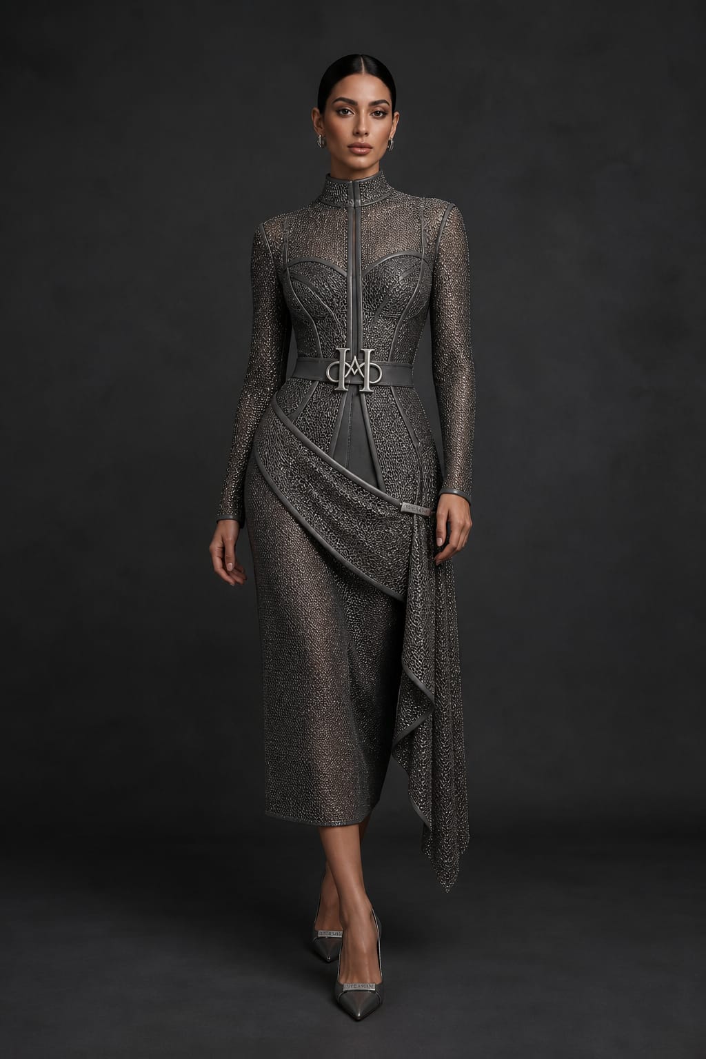 Tailored Charcoal Draped Midi Dress