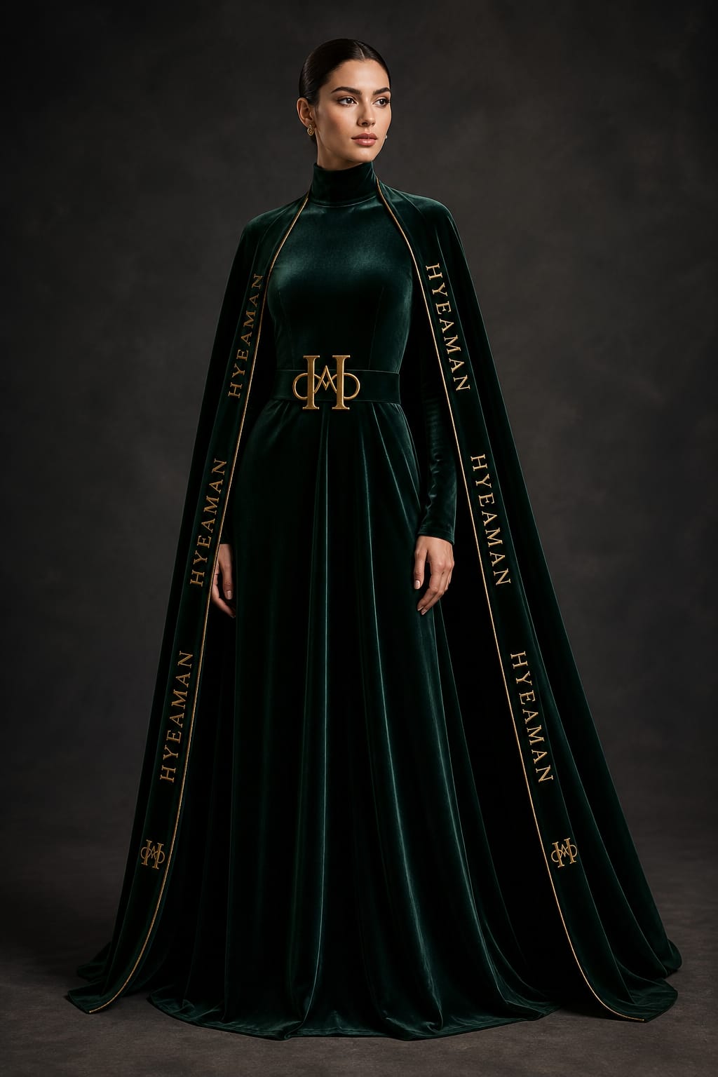 Tailored Forest Velvet Cape Gown