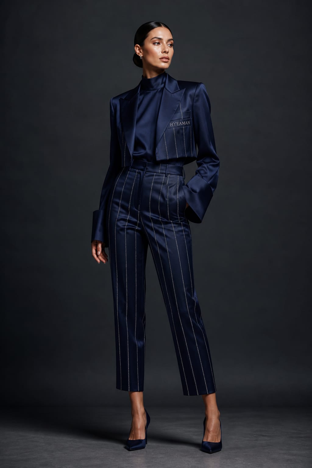 Tailored Navy Satin Blouse Trouser Set
