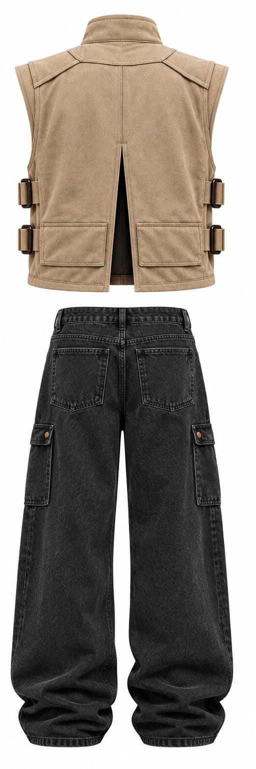 Tan Vest and Charcoal Baggy Pants Set Back