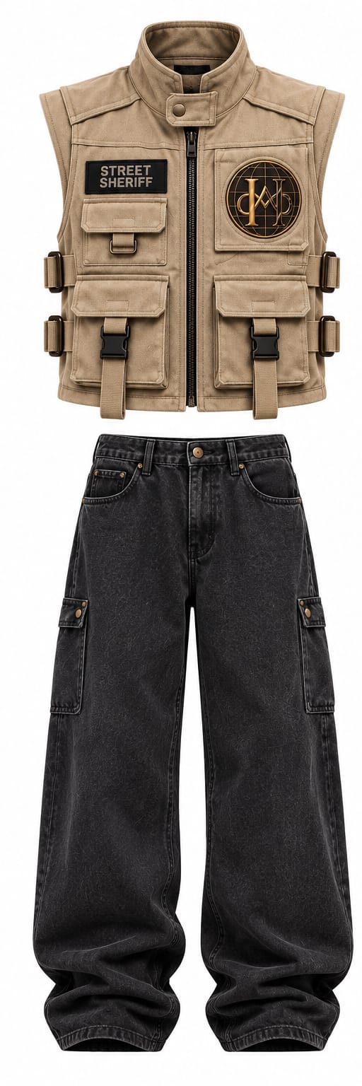 Tan Vest and Charcoal Baggy Pants Set